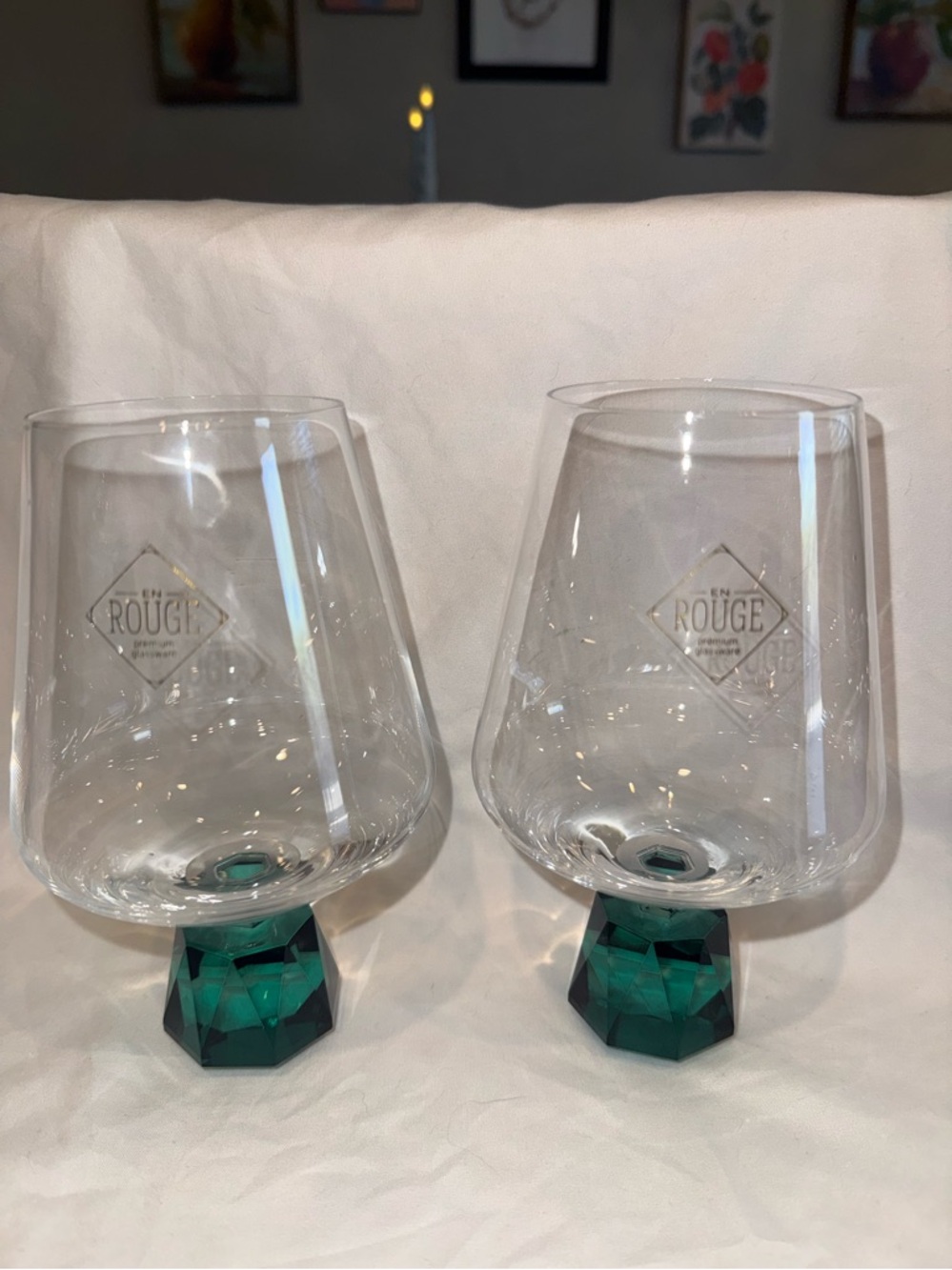 Rare En Rouge Stemless Wine Glasses with Emerald Green Faceted Bases (Pair)